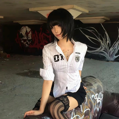 Chic Dollette Japanisches gestreiftes Hemd Dreiviertel-Print-Graphic-Top 2000er Top Japanisches Sommer Cropped Top Grunge