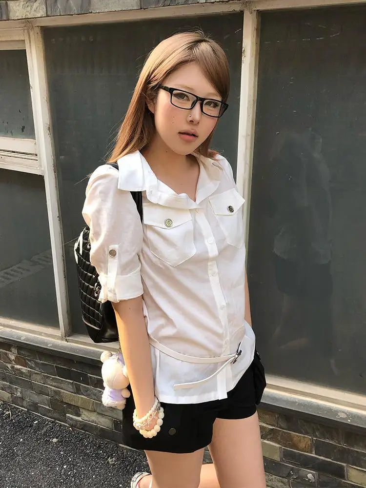 Elegantes Dollette-Shirt im koreanischen Stil, Halbarm, weiße Bluse mit Tasche, Vintage-Top, japanische 2000er, schmale Freizeithemden