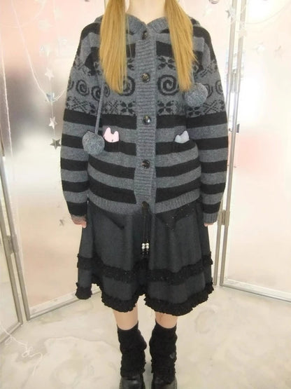 Chic Dollette Autumn Striped Hooded Knitted Sweater Fashion New Casual Cardigan Coat Women Gothic Vintage Women's Clothing