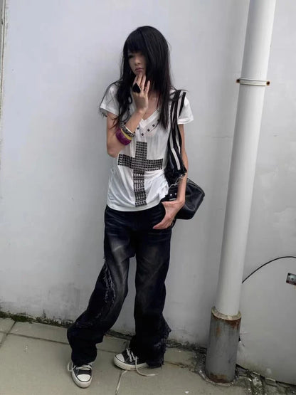 Schickes Dollette Halskreuz Damen T-Shirt Kurzarm Goth Sommer Top 2000er Kleidung Grafik T-Shirt Damen Kleidung Streetwear