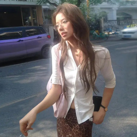 Chic Dollette   Japanese Shirt White Three Quarter Slim Shirt V Neck Vintage Top Korean Style Casual Shirt Fairycore Top