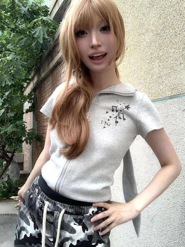 Chic Dollette Preppy Style Gray Printing Casual Cute Rabbit's Ears Hoodie Summer Grunge Zipper Sweatshirts Women Y2k Aesthetic Slim Fit Hoody