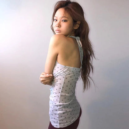 Schickes Dollette Fairycore Tanktop, Polka Dot, tiefer V-Ausschnitt, bauchfreies Top, Streetwear, koreanischer Stil, Camis, rückenfrei, Sommer, E-Girls Tanktop