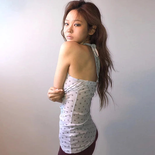 Chic Dollette   Fairycore Tank Top Polka Dot Deep V Neck Crop Top Streetwear Korean Style Camis Backless Summer E-girls Tank