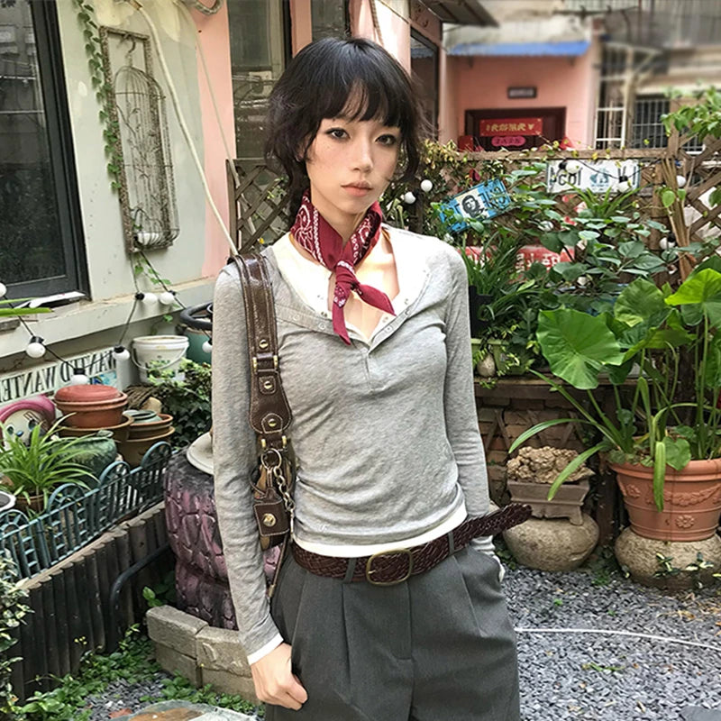 Schickes Dollette Japanisches T-Shirt Patchwork Langarm Fake Two Pieces Top Amerikanisches Retro Grunge Top Tee Streetwear T-Shirts