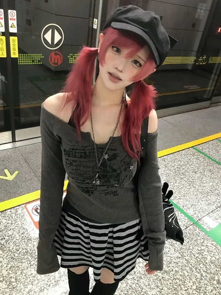 Schickes Dollette Fairycore T-Shirt Langarm Fake Two Pieces Top Japanischer 2000er Print Graphic Top Streetwear Crop Top
