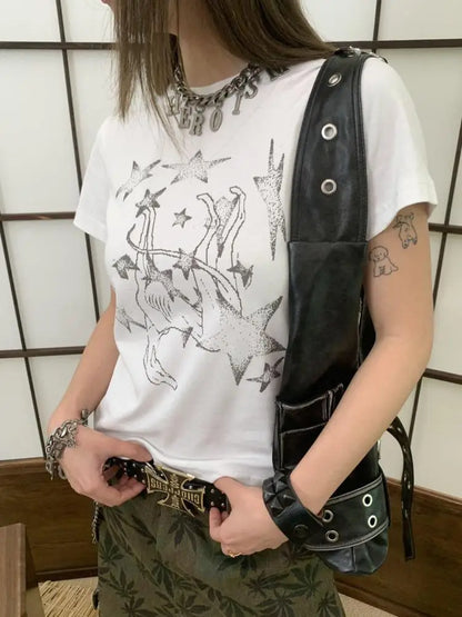 Chic Dollette Amerikanischer Retro-Print Grafik-T-Shirts Damen Kleidung Kurzarm 2000er Kleidung Koreanische Mode T-Shirts Frauen Kleidung