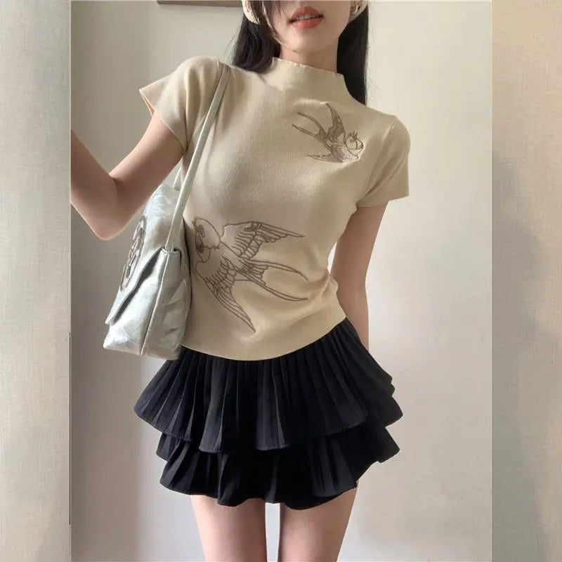 Chic Dollette Chinesischer Stil Grafik T-Shirts Rollkragen Kurzarm Slim 2025 Sommer Top T-Shirts Damen Kleidung 2000er Kleidung