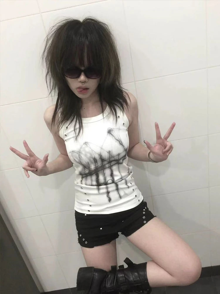 Chic Dollette Gothic Print Tanktop Broken Black Vintage Grunge Top Streetwear 2000er Jahre Japanisches ärmelloses T-Shirt