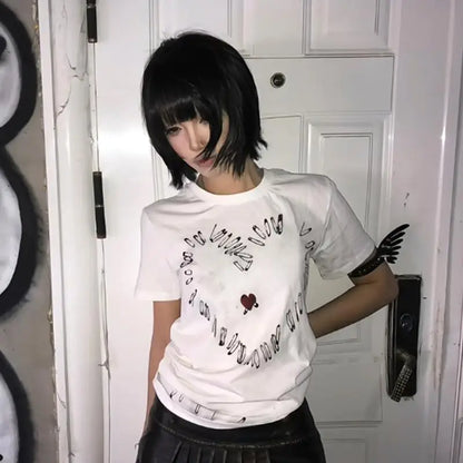 Chic Dollette Japanisches T-Shirt Kurzarm Print Grafik Top Weiß Grunge Top Streetwear Amerikanischer Retro 90er Jahre T-Shirts