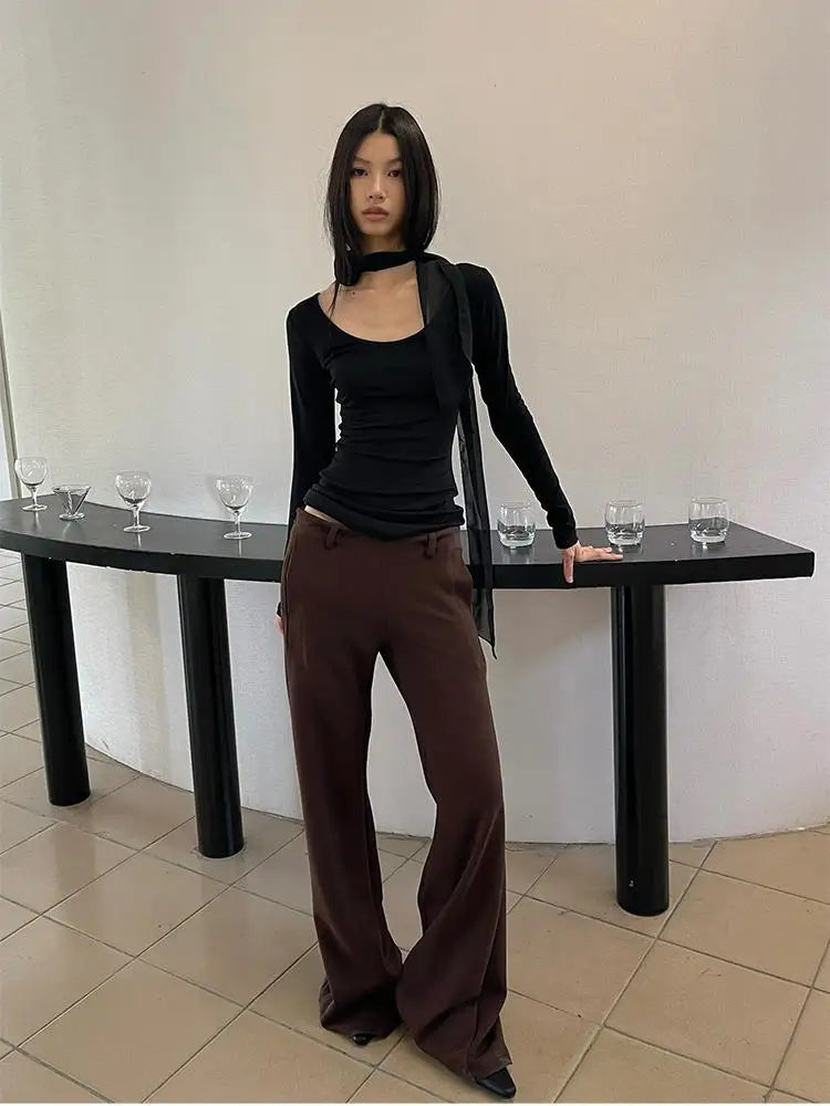 Schickes Dollette T-Shirt mit gekreuztem Rückenausschnitt, Damenbekleidung, langärmeliges koreanisches Mode-Herbst-Oberteil, schmale T-Shirts, Damenkleidung