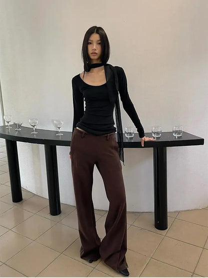 Schickes Dollette T-Shirt mit gekreuztem Rückenausschnitt, Damenbekleidung, langärmeliges koreanisches Mode-Herbst-Oberteil, schmale T-Shirts, Damenkleidung