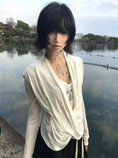 Chic Dollette Fairycore T-Shirt Spitze Patchwork Fake Two Pieces Top Japanisch 2000er Jahre Irregulärer Schwingkragen Tee Top E-girls