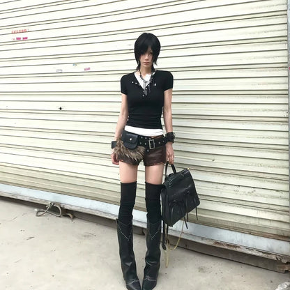 Chic Dollette  Vintage T Shirt Patchwork Short Sleeve Crop Top 2000s Japanese T-shirts Grunge Top American Retro Tee Top