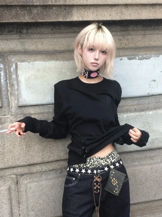 T-shirt Chic Dollette Gothique Vintage Manches Longues Boutonné Noir Rétro Grunge Top Streetwear Imprimé Années 2000 T-shirts Automne