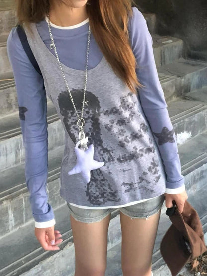 Chic Dollette Two Piece Sets Patchwork Star Printing Long Sleeve T-Shirt + Vintage Cartoon Sleeveless Vest Female Grunge Suit