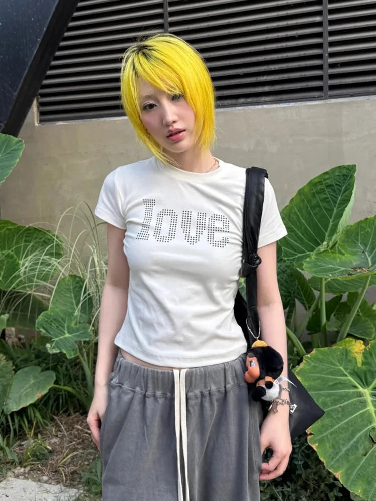 Chic Dollette 2000s Womens Slim Short Sleeve Tee Y2k Japanese Vintage Tops Streetwear American Retro Tshirts