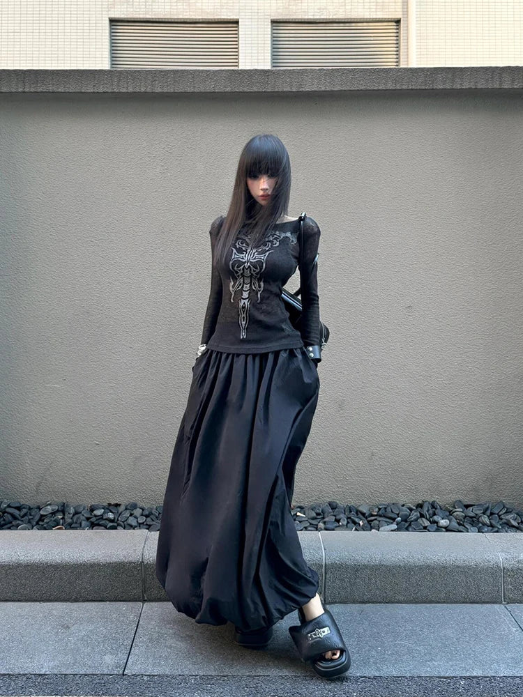Schickes Dollette Schwarzes Transparentes Grafik-T-Shirt Kleidung Langärmlig Gothic Koreanische Mode 2000er Kleidung T-Shirts Damenbekleidung