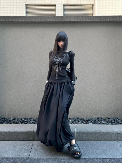 Schickes Dollette Schwarzes Transparentes Grafik-T-Shirt Kleidung Langärmlig Gothic Koreanische Mode 2000er Kleidung T-Shirts Damenbekleidung