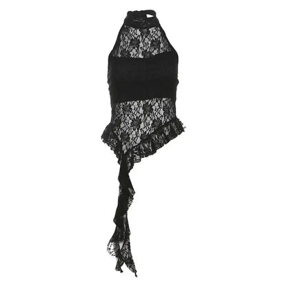 Chic Dollette Débardeur en dentelle noir sexy, haut d'été, T-shirt sans manches, vêtements années 2000, coupe ajustée, évidé, débardeurs gothiques, vêtements