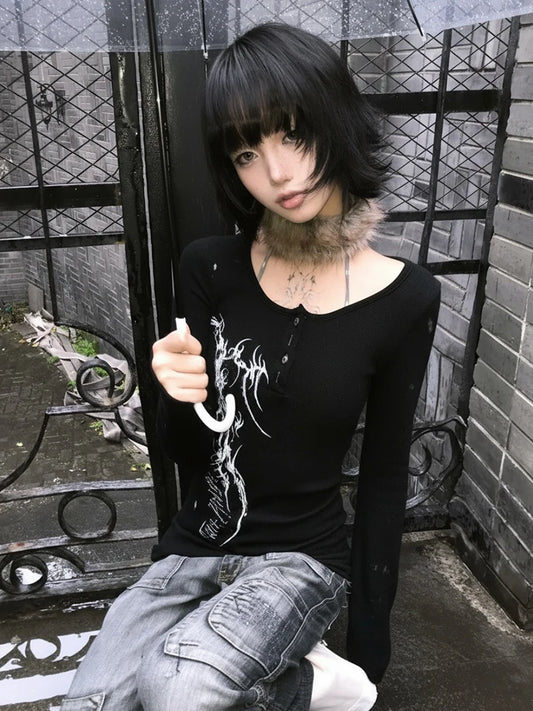 T-shirt manches longues noir imprimé graphique Chic Dollette Gothic Aestheic Top Japanese Années 2000 Tee Top E-girls Punk