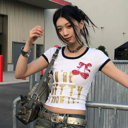 T-shirt femme Chic Dollette Streetwear Imprimé graphique Manches courtes Haut d'été Tendance coréenne Slim Années 2000