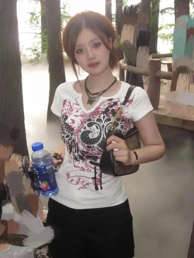 Chic Dollette Hotsweet Grafik T-Shirts Kurzarm Japanischer Stil 2000er Kleidung Sommer Top Goth T-Shirts Damenbekleidung Chic