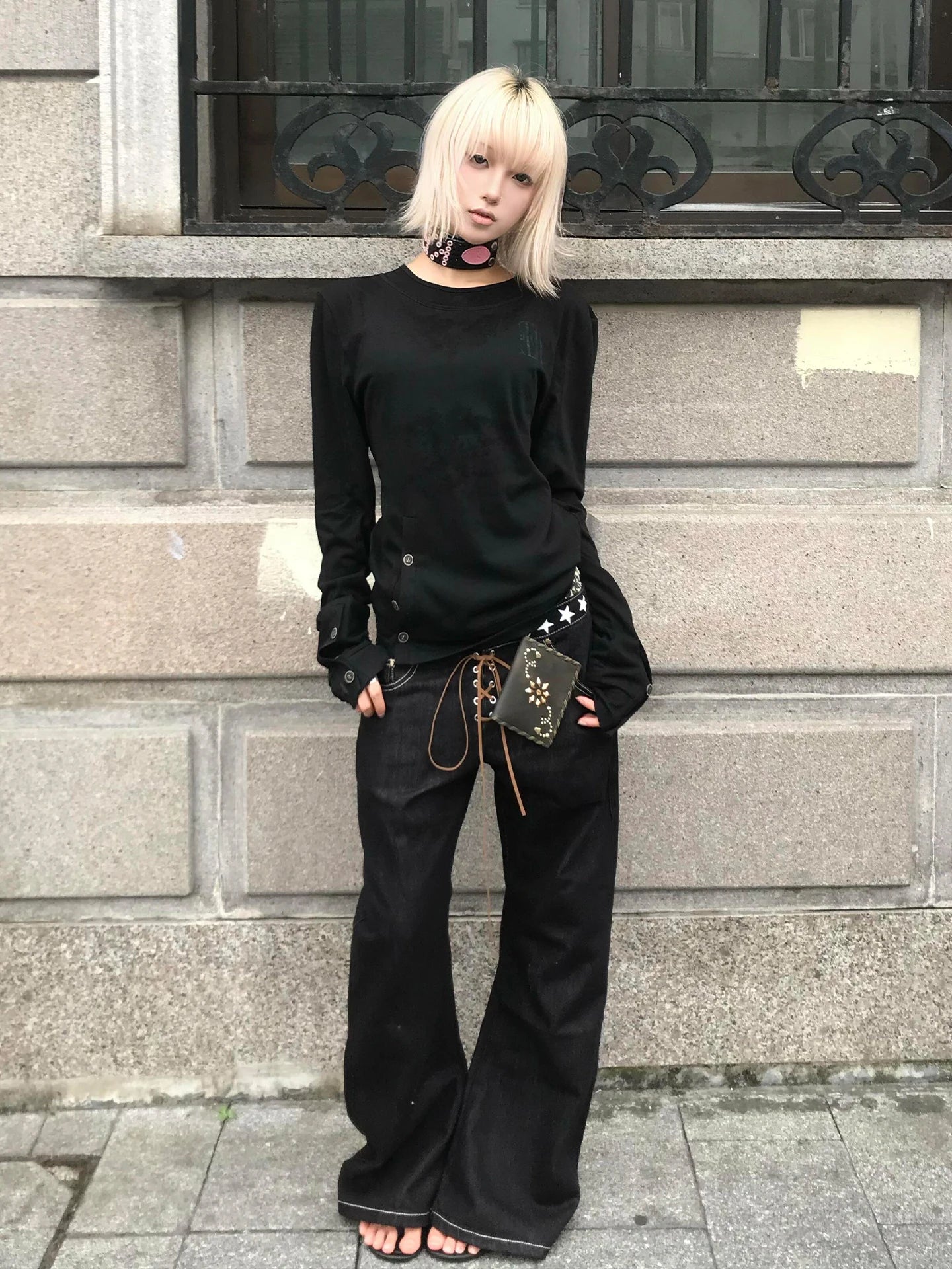 Chic Dollette Gothic Vintage T-Shirt Langarm Button Retro Schwarz Grunge Top Streetwear 2000er Print T-Shirts Herbst