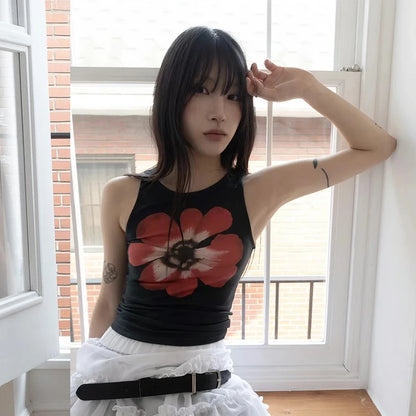 Chic Dollette Print Tanktop Blumen Ärmellos T-Shirt Streetwear Vintage Grunge Crop Top 2000er Jahre Japanisches Westen-Top