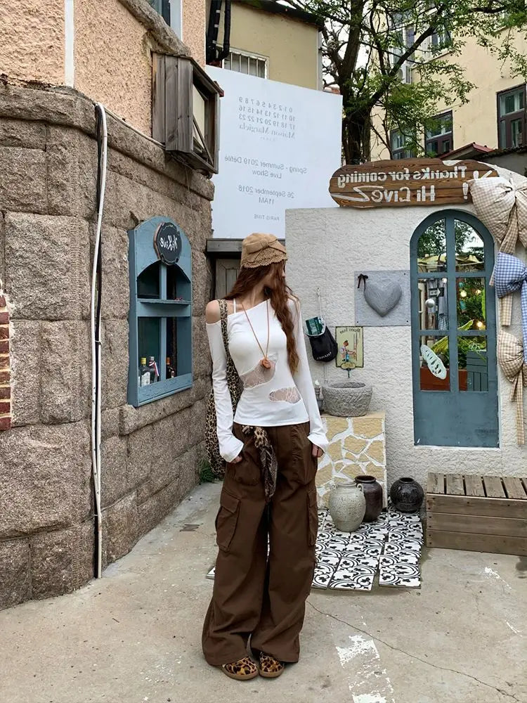 Schickes Dollette Hotsweet Asymmetrisches Langarm-T-Shirt mit schrägem Kragen, schmal geschnitten, Spitze, Hohl-Top, 2000er-Kleidung, koreanische Mode