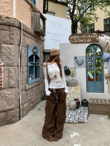 Schickes Dollette Hotsweet Asymmetrisches Langarm-T-Shirt mit schrägem Kragen, schmal geschnitten, Spitze, Hohl-Top, 2000er-Kleidung, koreanische Mode