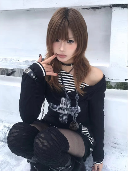Schickes Dollette Gothic Vintage T-Shirt Patchwork Fake Two Pieces Top Streetwear Japanisches T-Shirt Oberteil 2000er T-Shirts