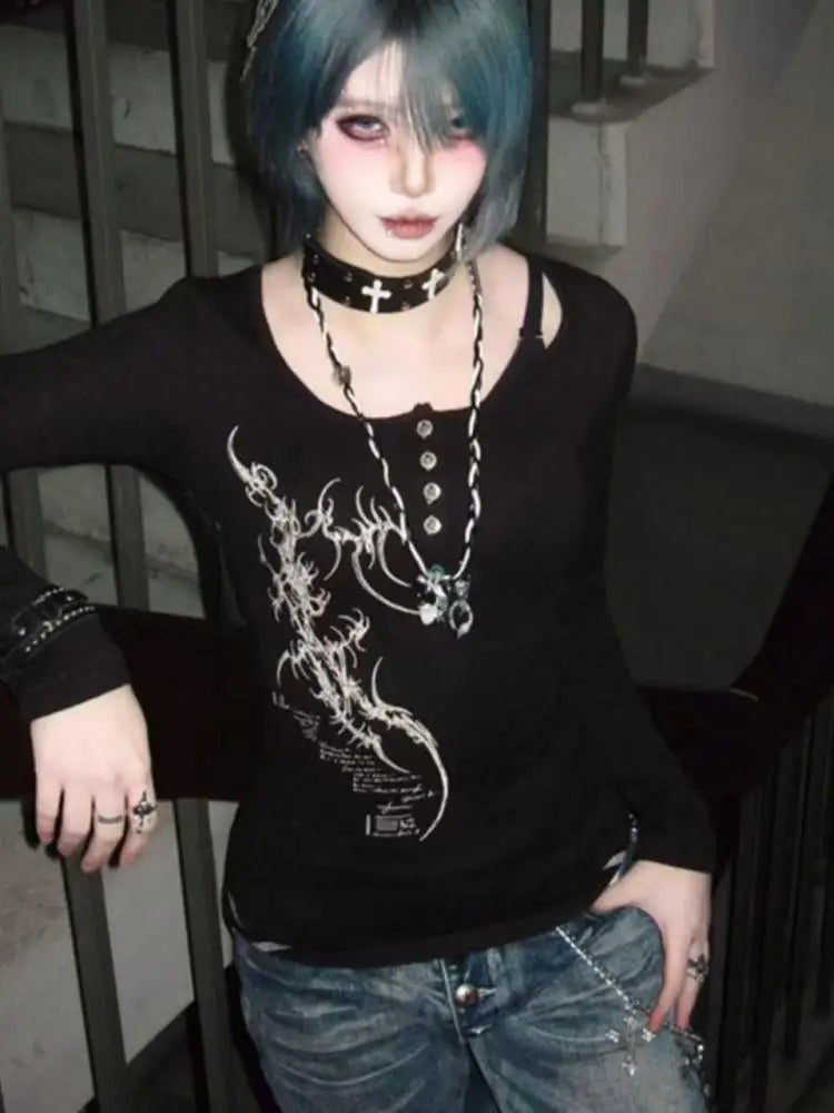 Chic Dollette Gothic Schwarz Bedruckt Grafik T Shirts Damen Kleidung Langarm Tees Weibliche Kleidung Herbst Top 2000er Kleidung Chic