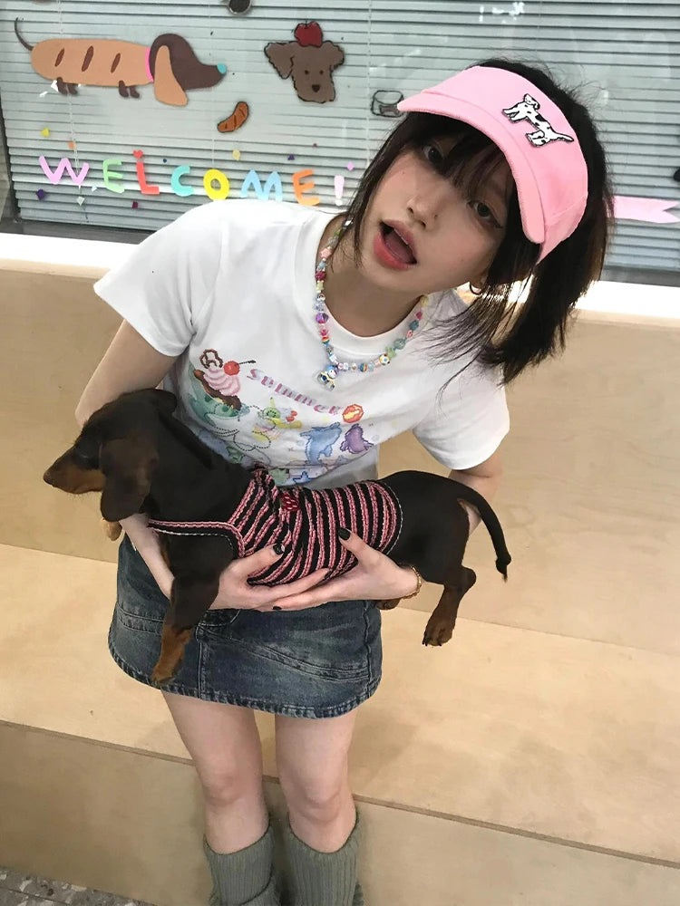 Chic Dollette Hotsweet Slim Damen T-Shirt Kurzarm Koreanische Mode 2000er Kleidung Sommer Top Print Grafik T-Shirts