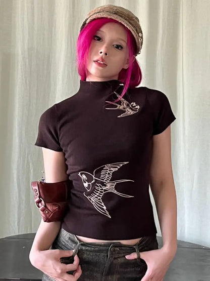 Chic Dollette Chinesischer Stil Grafik T-Shirts Rollkragen Kurzarm Slim 2025 Sommer Top T-Shirts Damen Kleidung 2000er Kleidung