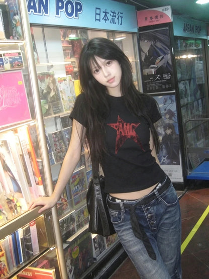 Chic Dollette Y2k Japanese Vintage Tops Black Print Graphic Top Tee Streetwear American Retro T Shirt Women E-girls 2000s Crop Tops