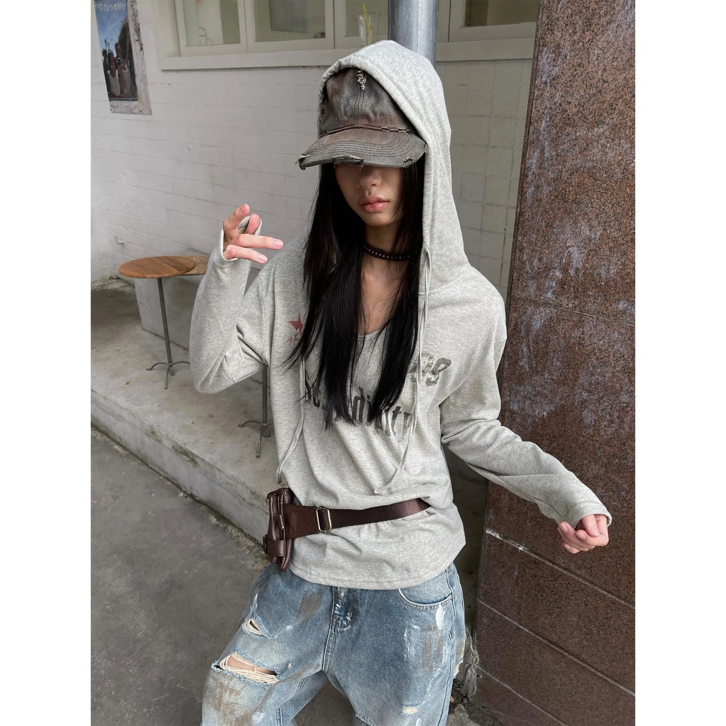 Schickes Dollette Vintage Grafik-Top Langarm Japanisches T-Shirt mit Kapuze Streetwear Amerikanisches Retro Grunge Top E-Girls