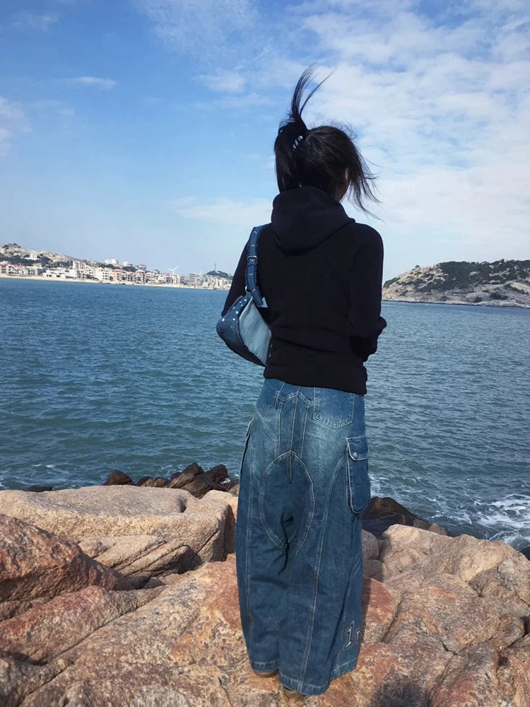 Chic Dollette Sweatshirt noir décontracté à capuche manches longues japonais Manteau d'hiver basique rétro américain Sweat à capuche Streetwear E-girl