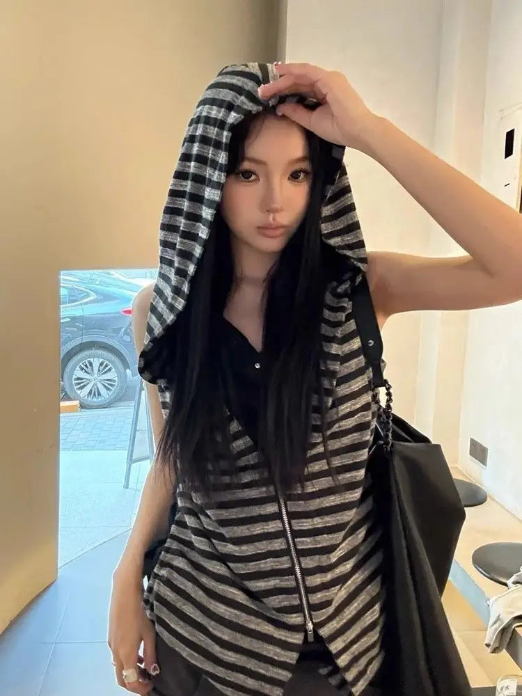 Chic Dollette Hooded Tank Top Harajuku Stripe Patchwork Grunge Camisole Streetwear Casual Women Zipper Vest