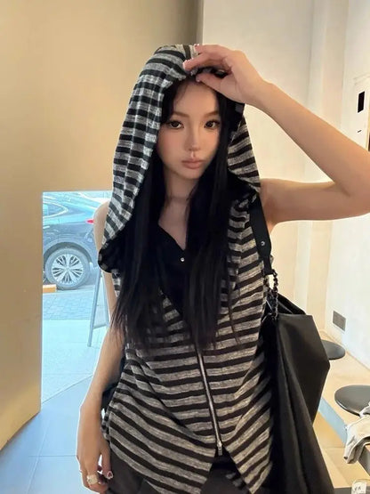 Chic Dollette Hooded Tank Top Harajuku Stripe Patchwork Grunge Camisole Streetwear Casual Women Zipper Vest