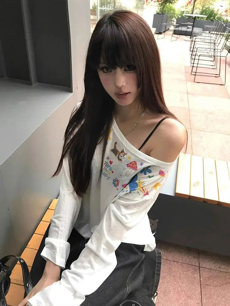 Chic Dollette Hotsweet Langarm-Grafik-T-Shirts Lockerer Schrägkragen Lässiges Oberteil 2000er Kleidung Koreanisches Fashion-Oberteil