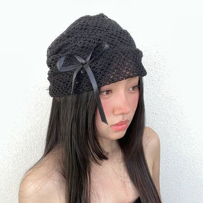 Chic Dollette Black Lace Knitted Bow Beanie