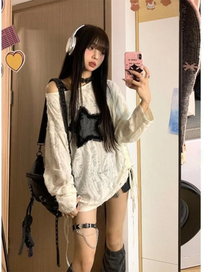 Schickes Dollette Hole Star Weites T-Shirt O-Ausschnitt Kordelzug Cut-Out T-Shirt Mode Streetwear Kpop Pullover Oberteil Damen T-Shirts 2025