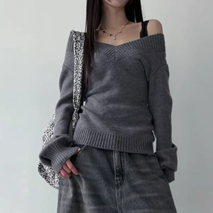 Schicker Dollette V-Ausschnitt Grauer Strickpullover für Koreanische Mode Herbst Winter Strickwaren Pullover Damen Jumper Chic