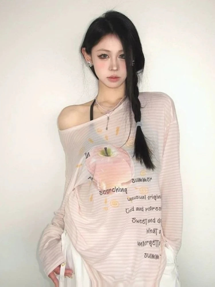Chic Dollette Sun Protection Casual T-Shirts Women Striped Letter Printing Tshirt 2026 Summer Harajuku Grunge Oversized T-shirt