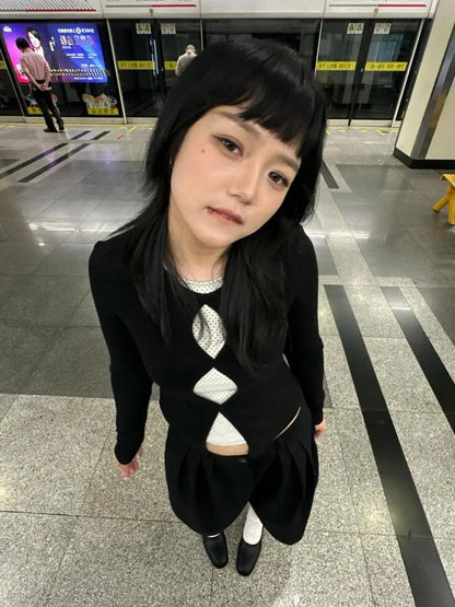 Schickes Dollette Patchwork-Punkt-T-Shirt Langarm Koreanische Mode Herbst Top Hotsweet Tees Damenbekleidung 2000er Kleidung