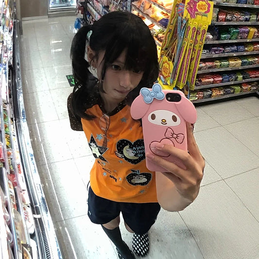 Chic Dollette Japanese 2000s Orange Embroidered T-shirt