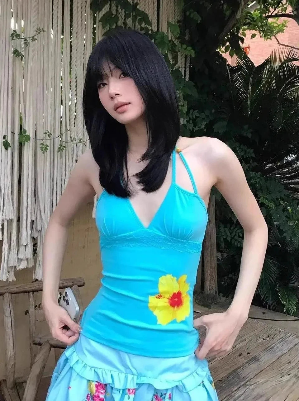 Chic Dollette Floral Print Halter Top Women Casual  Beaded Straps Lace Trim Slim Fit Tees Japnese Harajuku Streetwear 2026 Summer