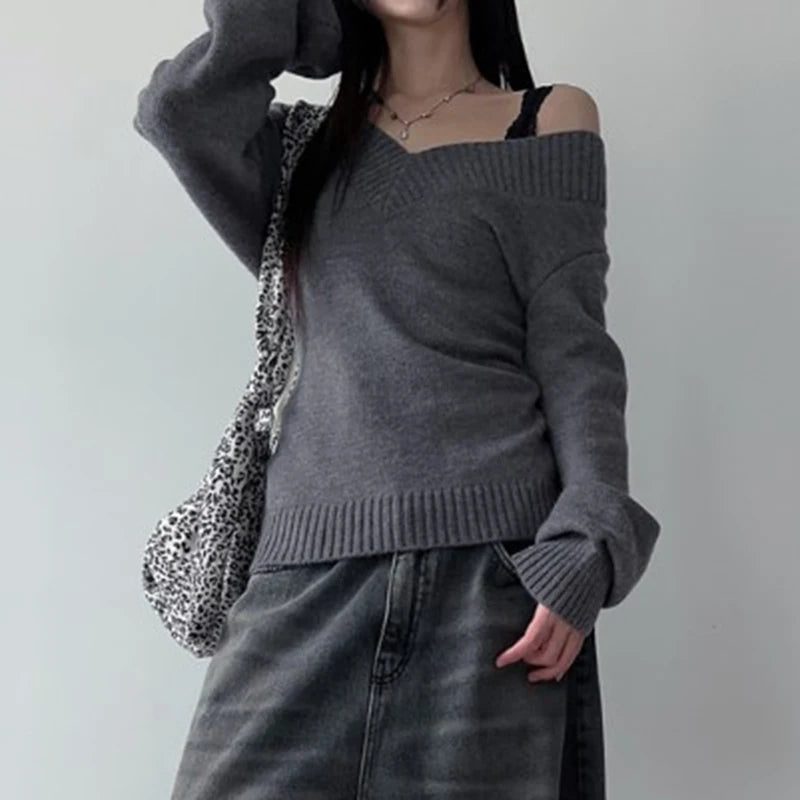 Schicker Dollette V-Ausschnitt Grauer Strickpullover für Koreanische Mode Herbst Winter Strickwaren Pullover Damen Jumper Chic