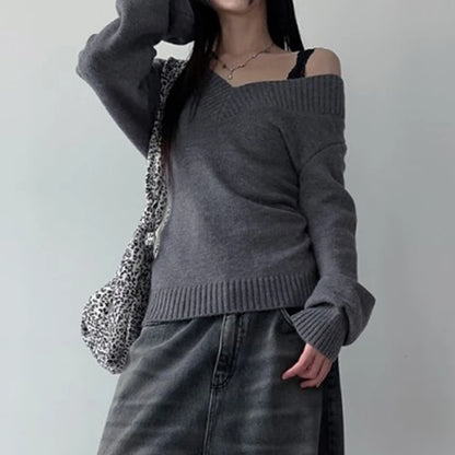 Schicker Dollette V-Ausschnitt Grauer Strickpullover für Koreanische Mode Herbst Winter Strickwaren Pullover Damen Jumper Chic
